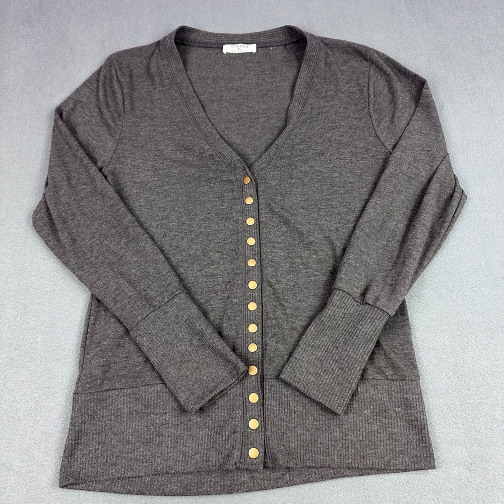 Zenana Charcoal Gray Snap Front Cardigan XL Gold Buttons Ribbed Cuffs V-Neck